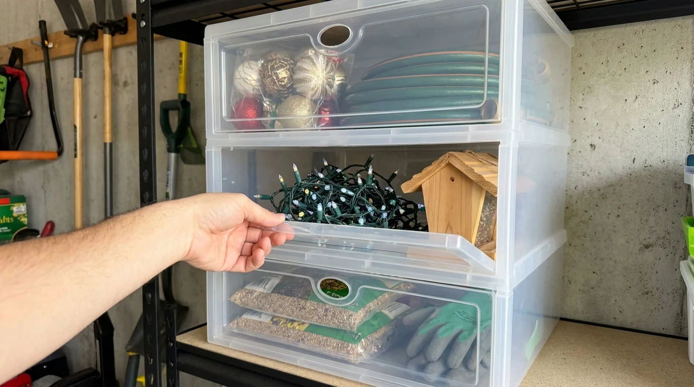 Clear plastic bins with front-opening doors allow easy access to seasonal gear without unstacking.