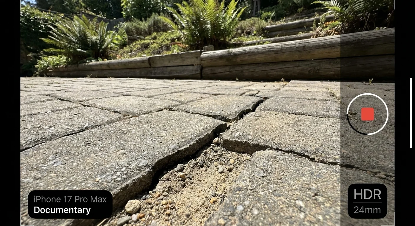 Close-up of a cracked stone garden path and a timber retaining wall, showing the impact of earth movement on landscaping.