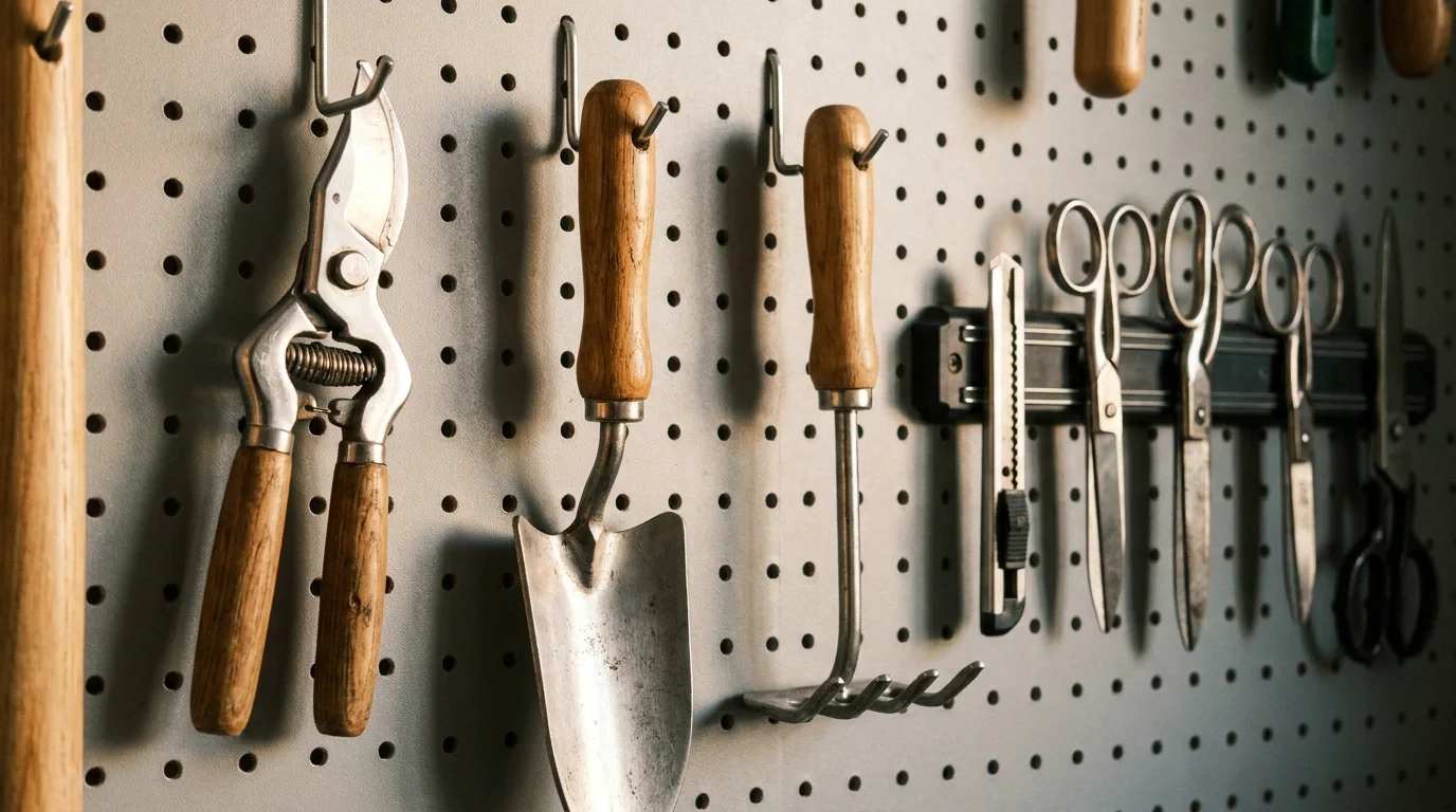 Close-up of a garage pegboard and magnetic strip holding garden tools in a high-visibility arrangement.