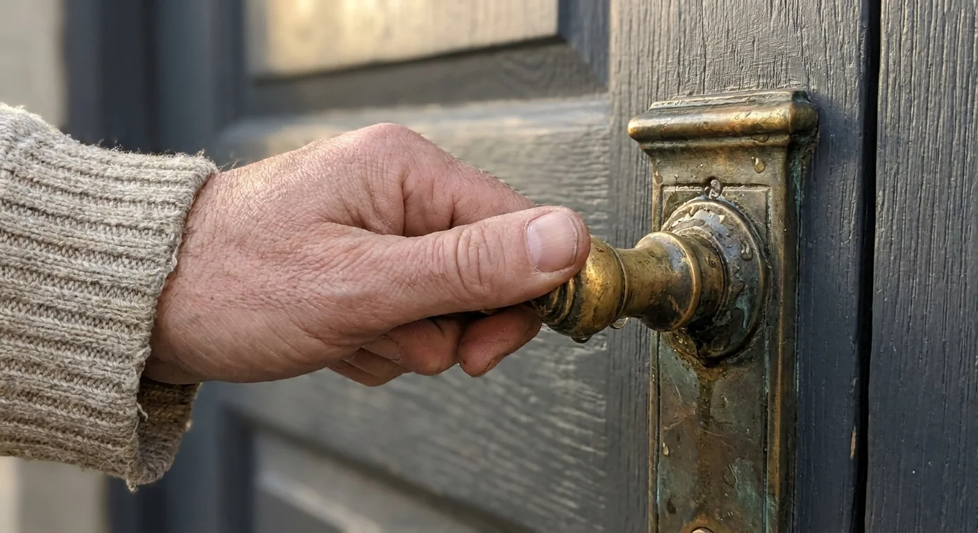 Close-up of a hand touching a solid brass door handle with a natural patina on a dark wood door.