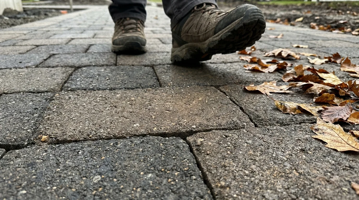 Close-up of a person walking on textured, non-slip garden pavers during a cloudy day.