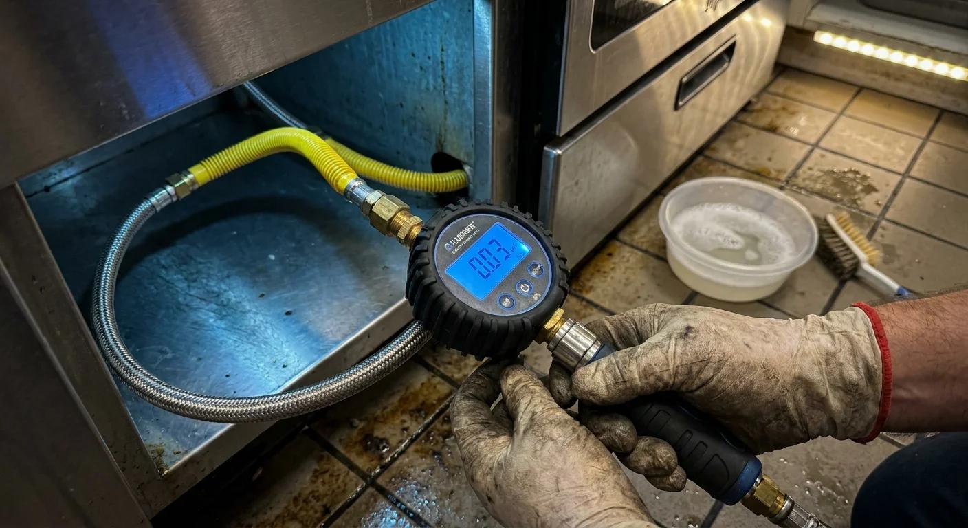 Close-up of a professional pressure gauge connected to a gas line behind a kitchen stove, emphasizing the precision needed for gas safety.