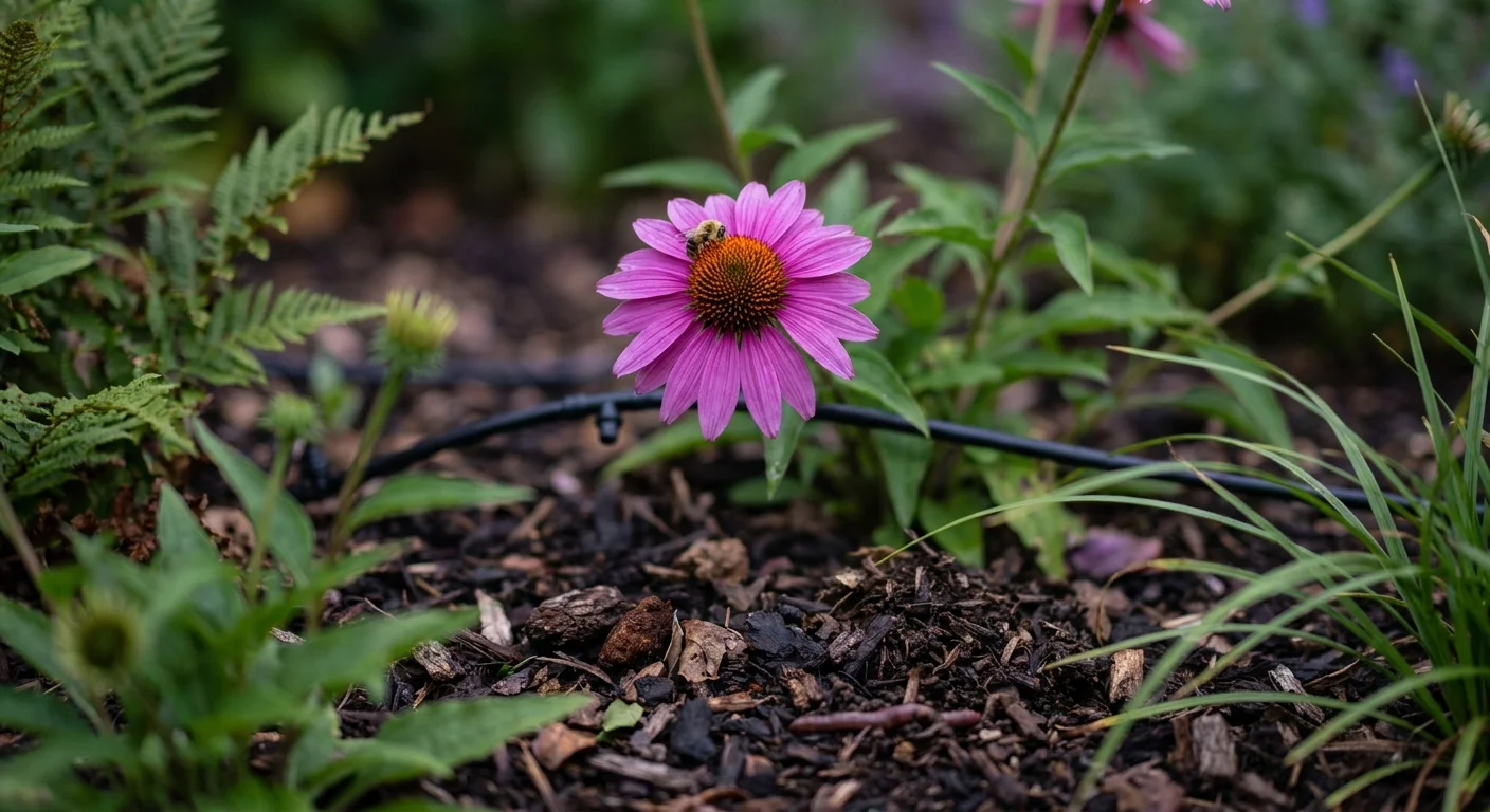Close-up of a purple coneflower in a mulched garden bed with a focus on healthy soil and pollinators.