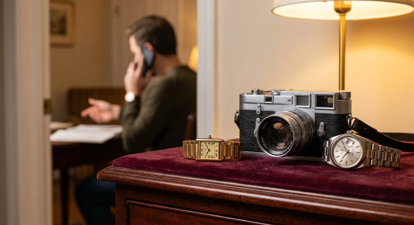 Close-up of a vintage camera and jewelry on a dresser, with a person reviewing paperwork in the blurred background.