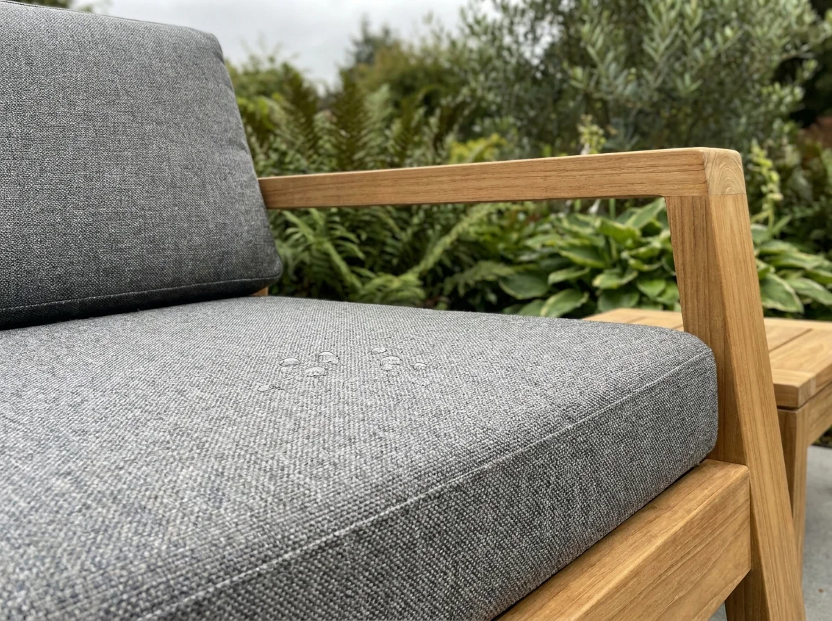 Close-up of a weather-resistant grey fabric cushion on a teak wood outdoor sofa with water droplets on the surface.