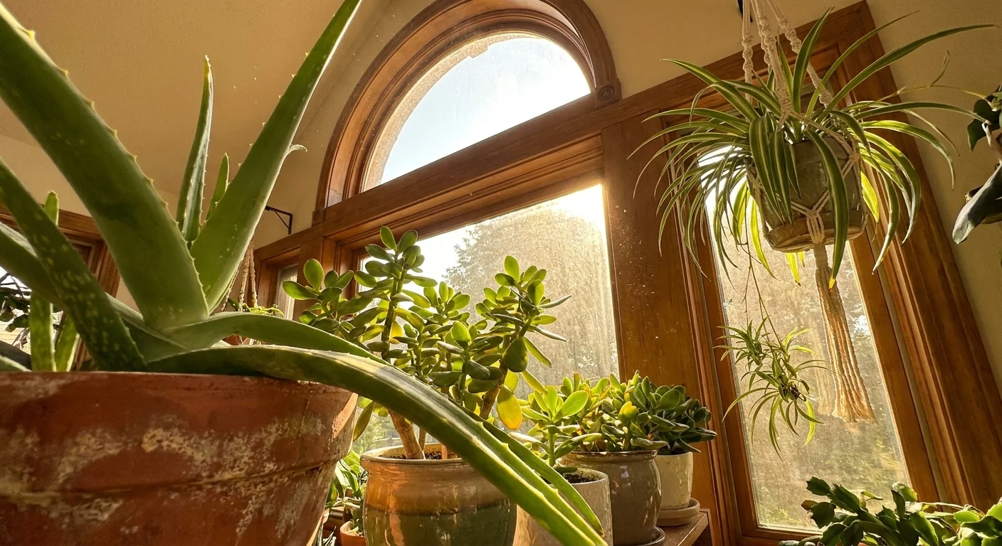 Close-up of Aloe and Jade plants in a sun-drenched sunroom with light streaming through a large window.