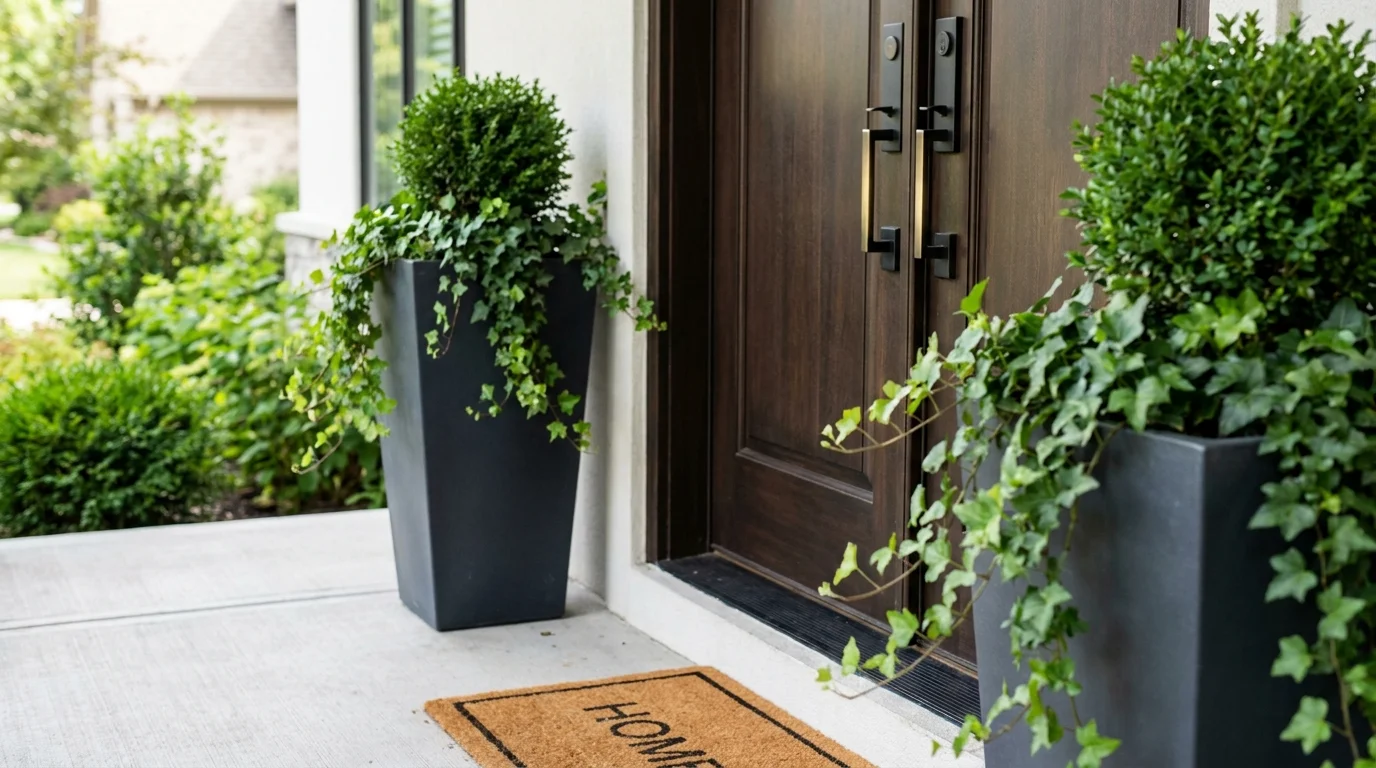 Close-up of charcoal planters with trailing ivy and a matte black door handle on a modern front porch.