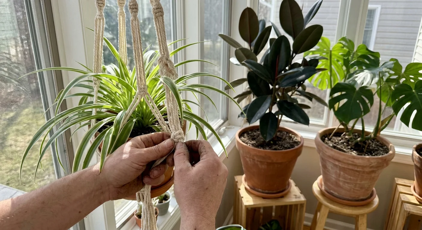 Close-up of hands hanging a spider plant in a macrame holder among a collection of large tropical houseplants.