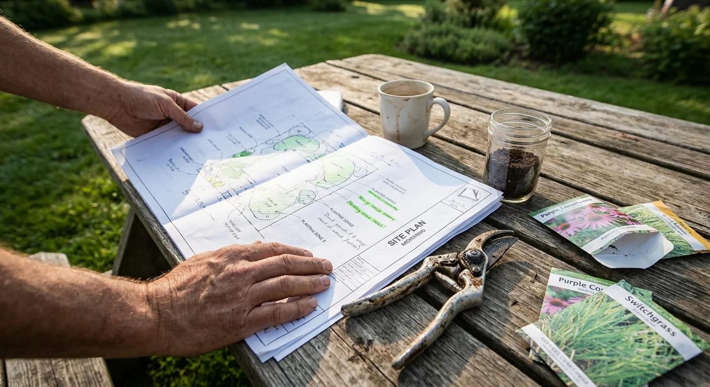 Close-up of hands on a wooden table planning a backyard renovation with tools and blueprints.