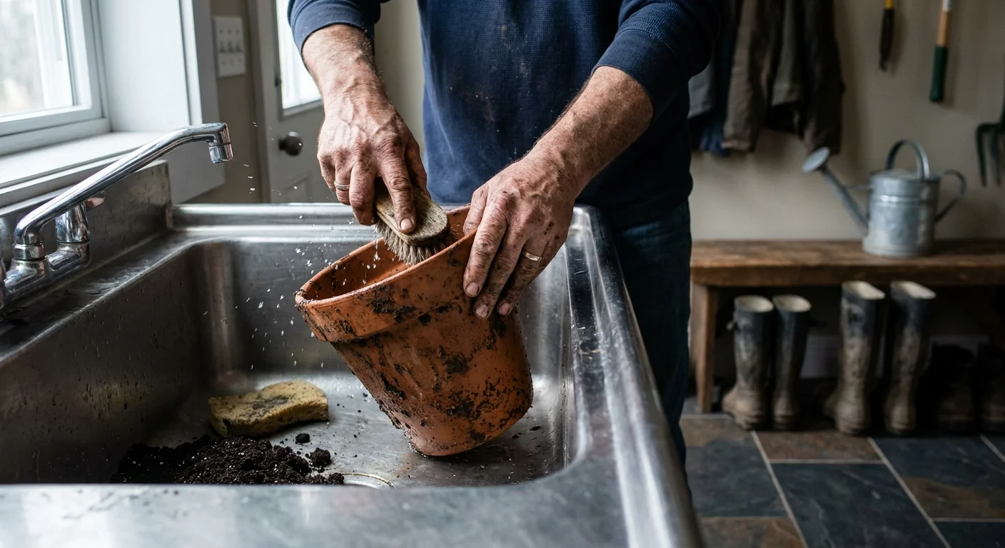 Close-up of hands washing a terracotta pot in a deep stainless steel utility sink in a mudroom.