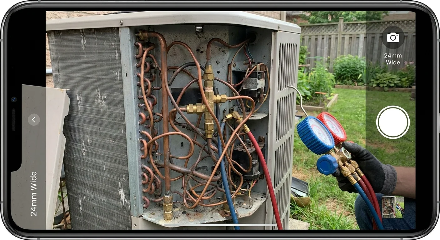 Close-up of the complex copper refrigerant lines and electrical components inside an outdoor air conditioning unit.