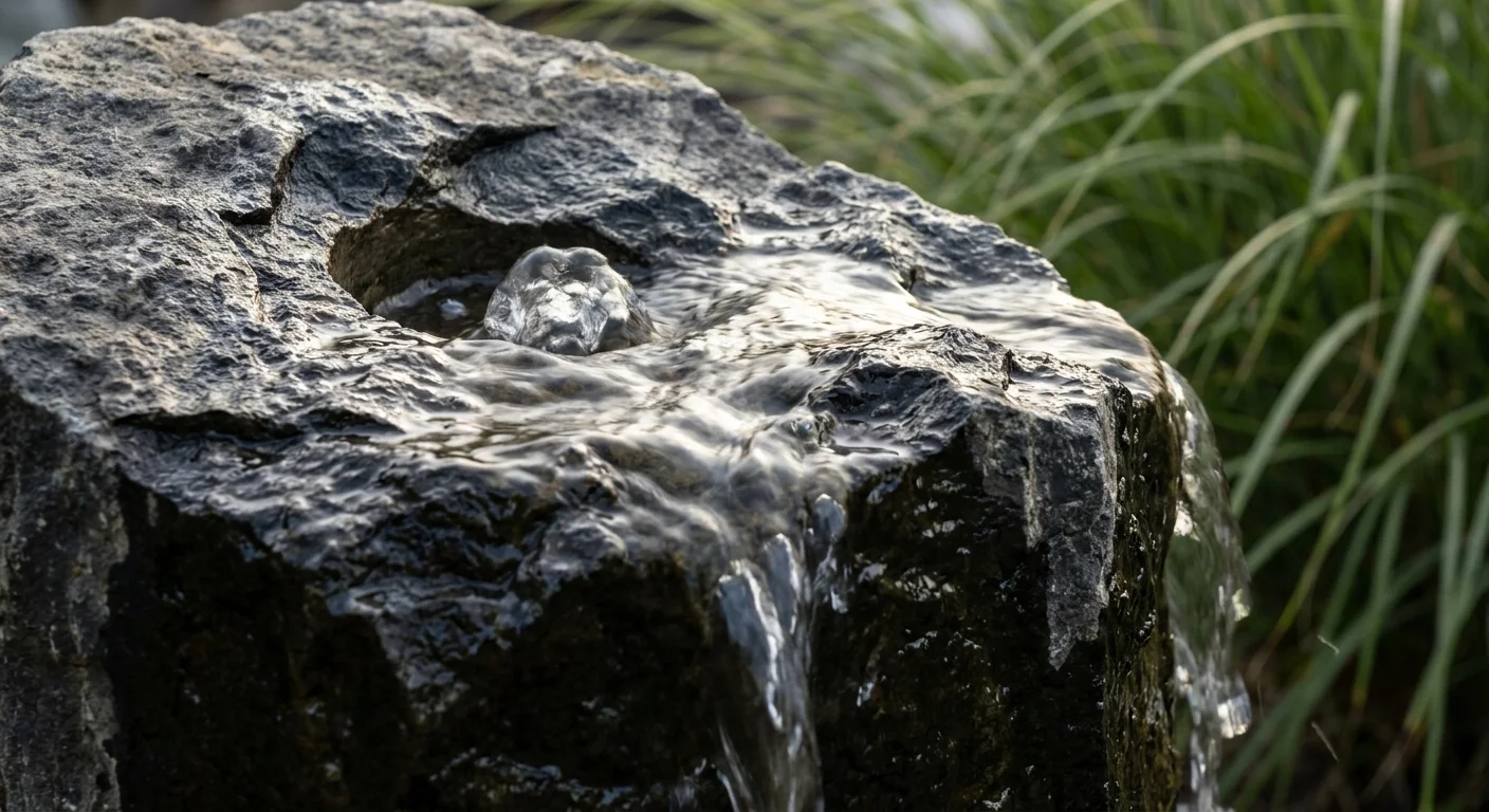 Close-up of water cascading over a dark basalt column fountain, showing the texture of the stone and the fluid motion of the water.