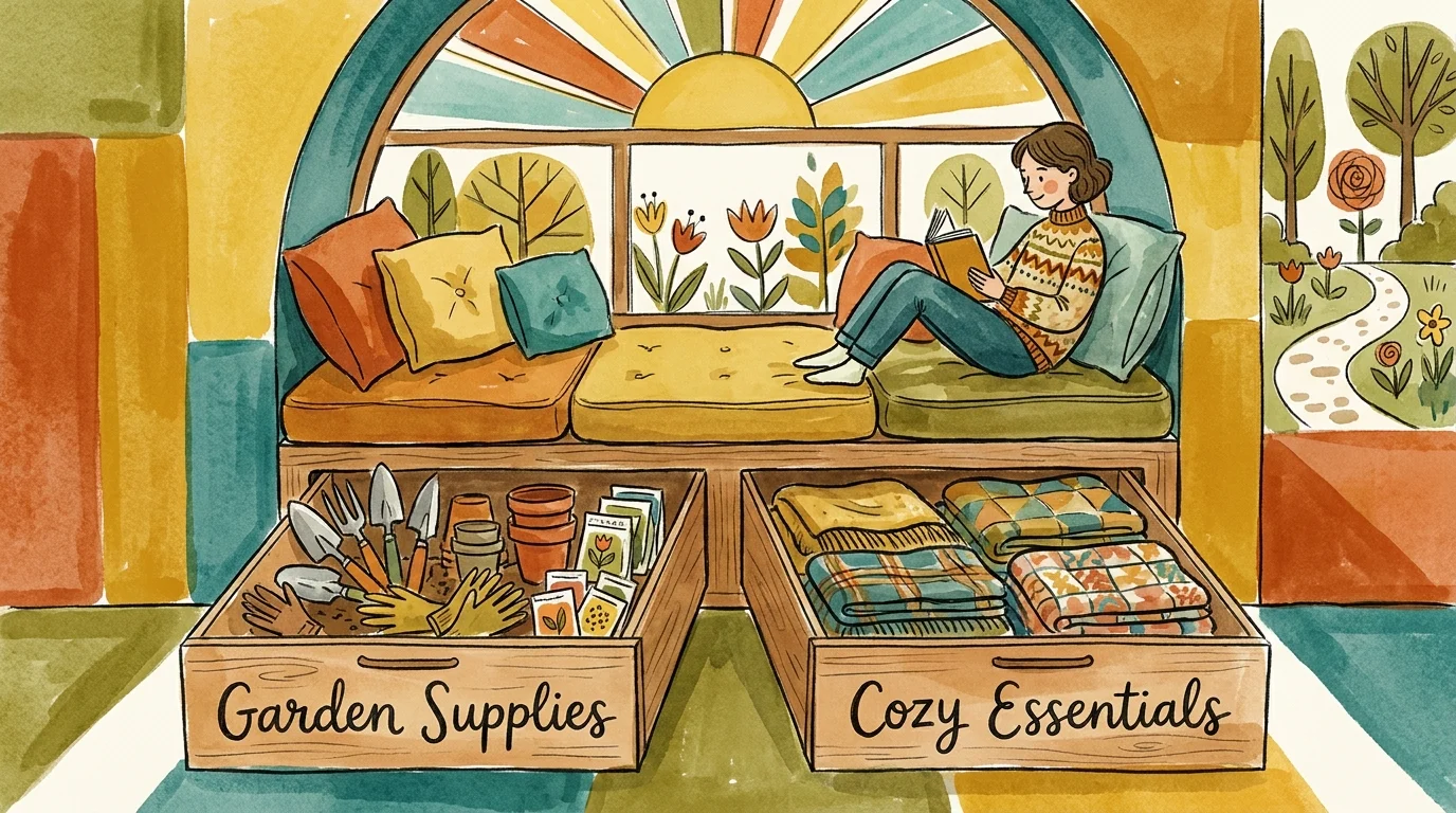 Colorful watercolor illustration of a window seat with hidden drawers for garden tools and blankets.