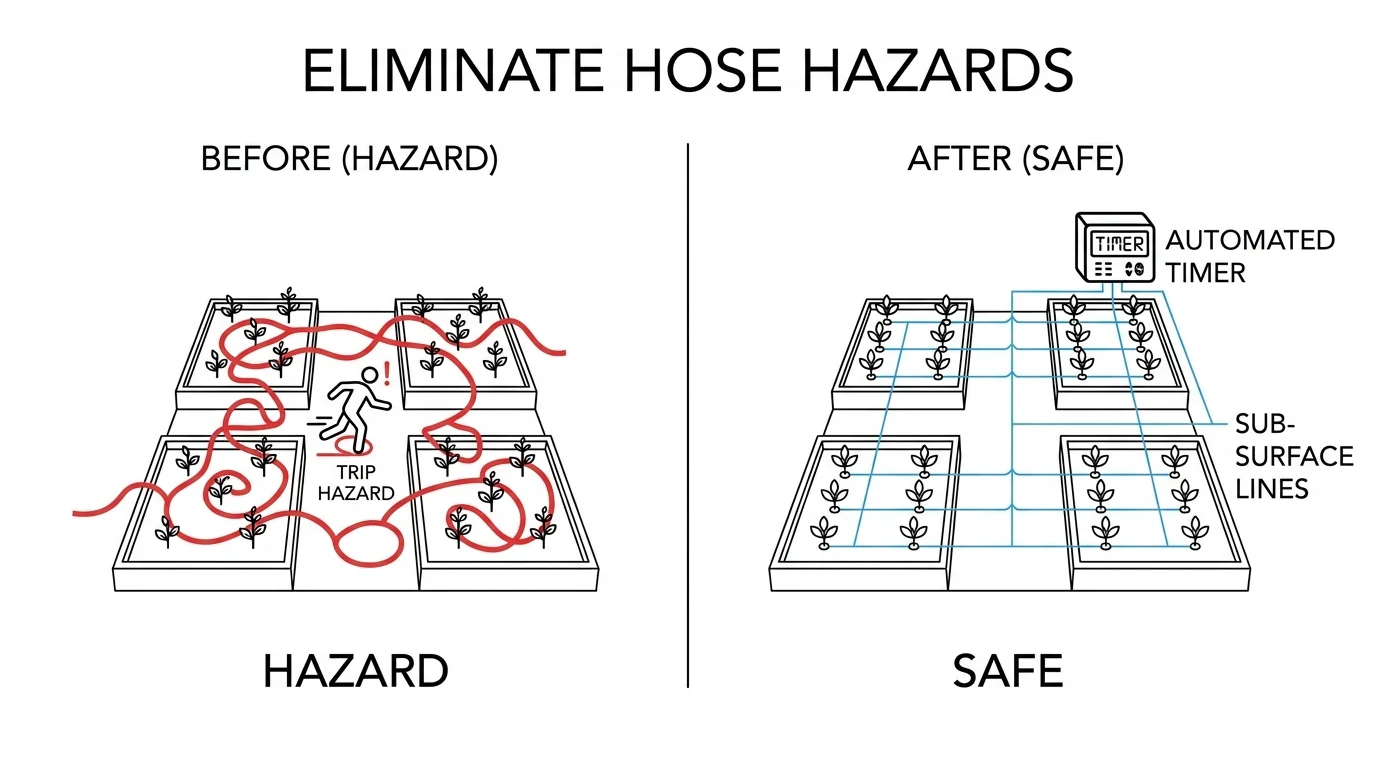 Diagram comparing a tripping hazard from a garden hose to a safe, automated underground irrigation system.