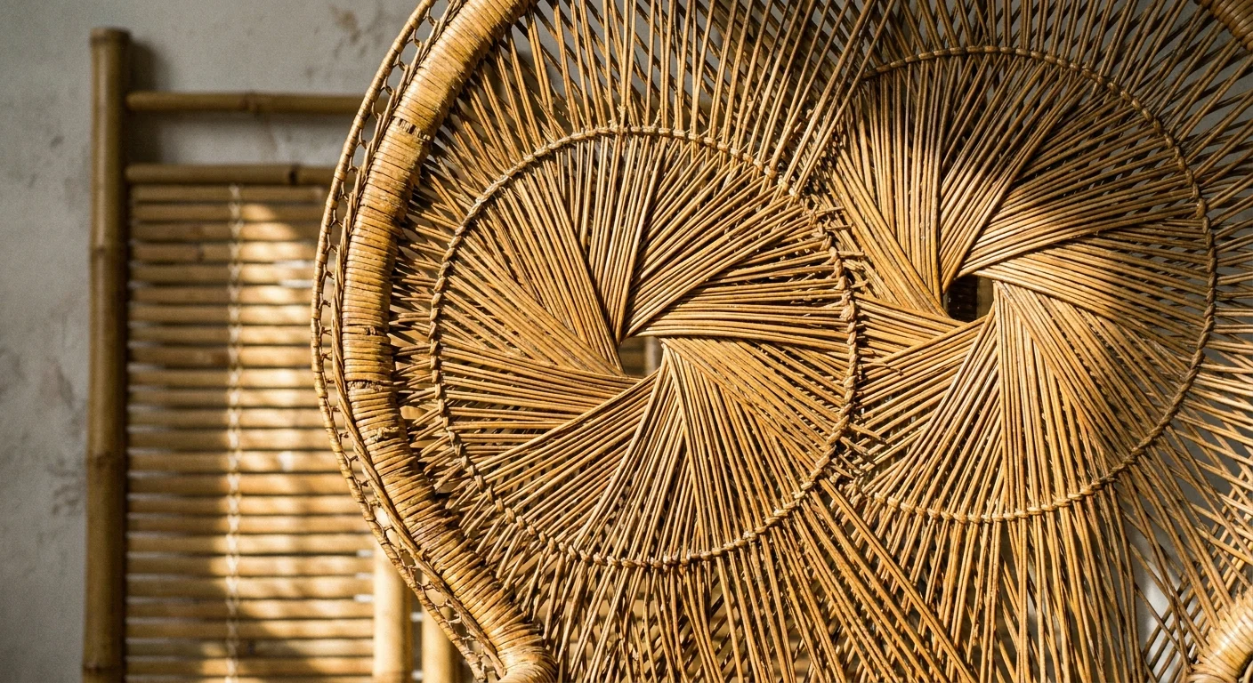 Extreme close-up of a woven rattan chair showing the detailed texture and golden wood grain.