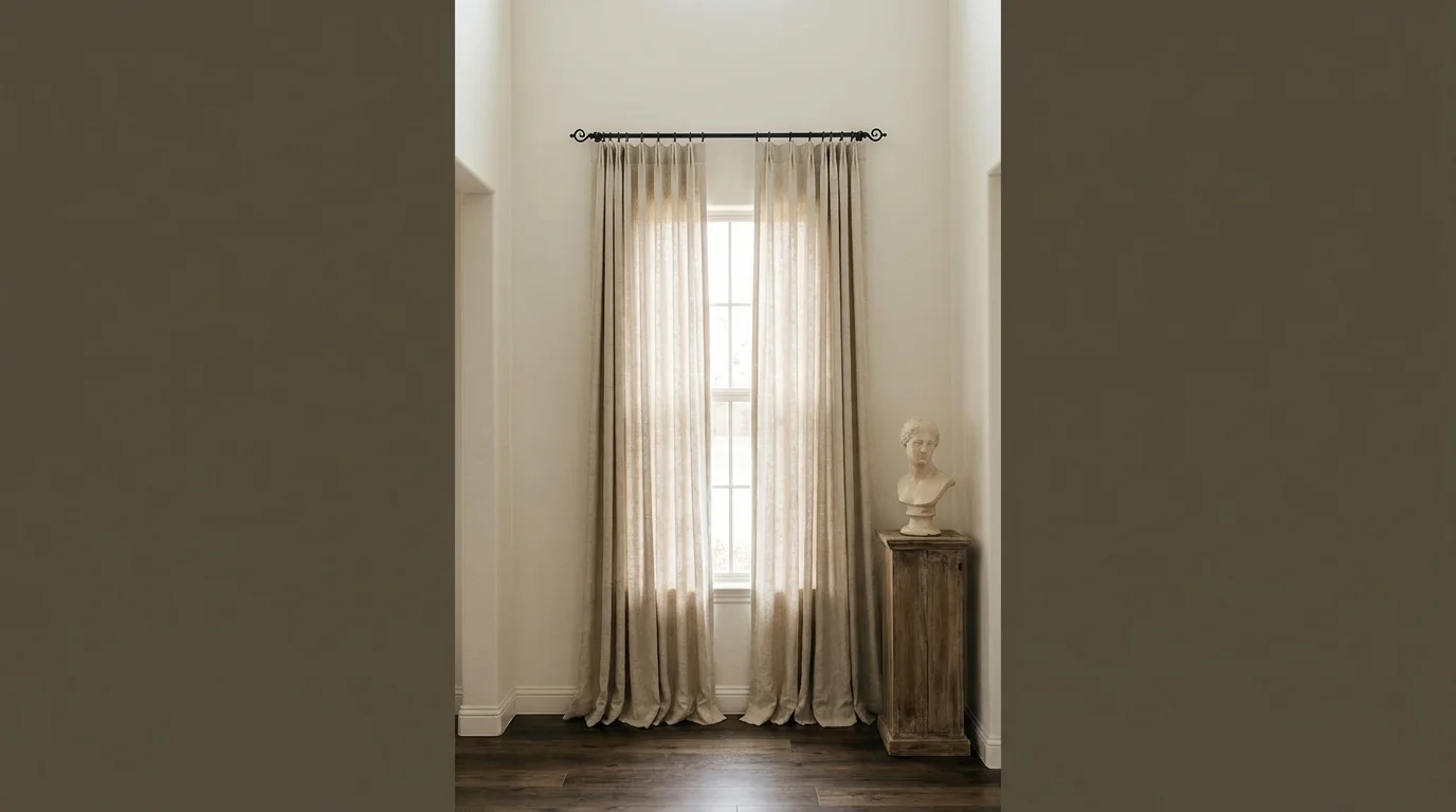 Floor-to-ceiling linen curtains hung high on an entryway window to create the illusion of height.