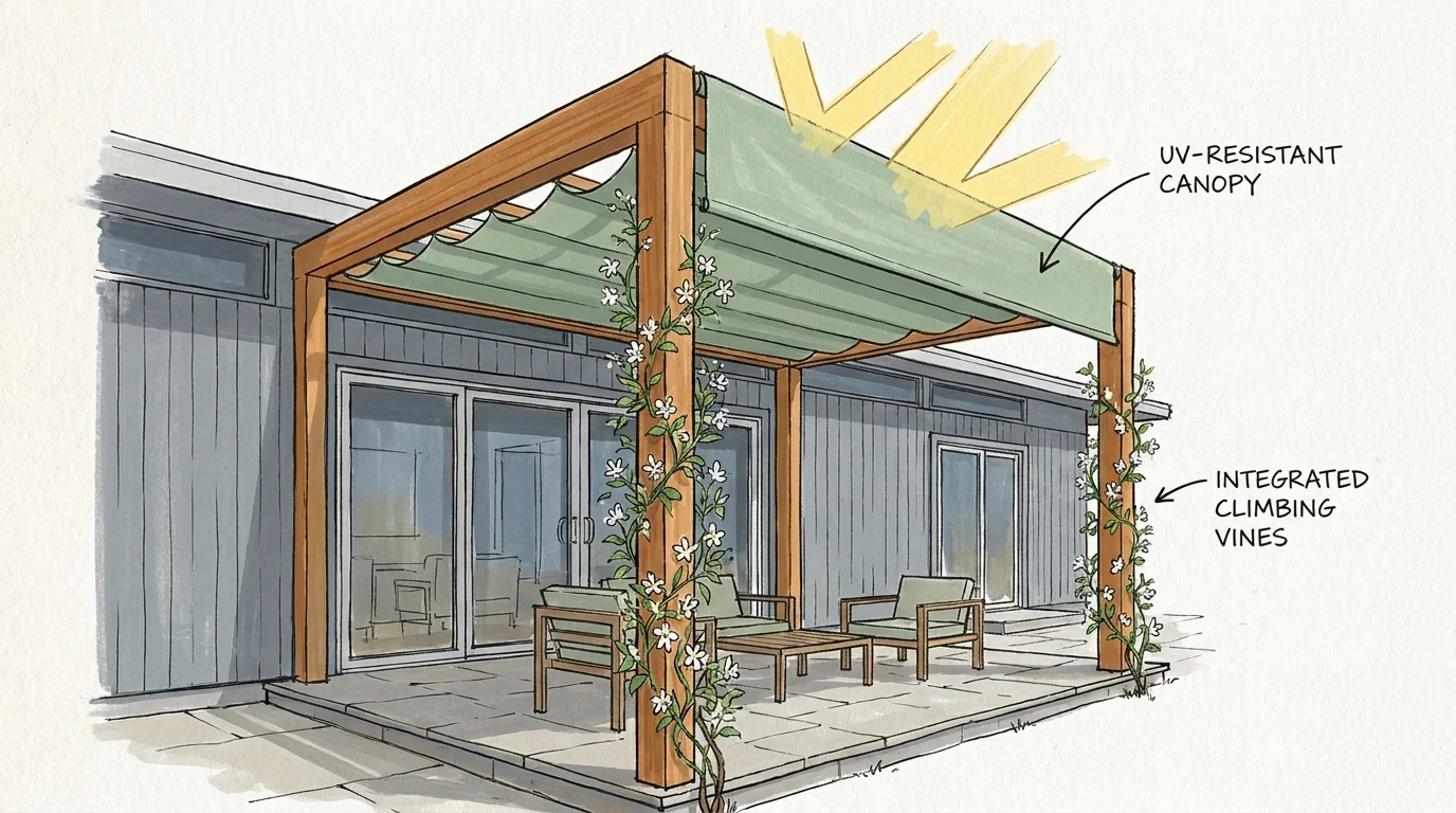 Gouache illustration of a modern cedar pergola with a retractable shade canopy and climbing vines.
