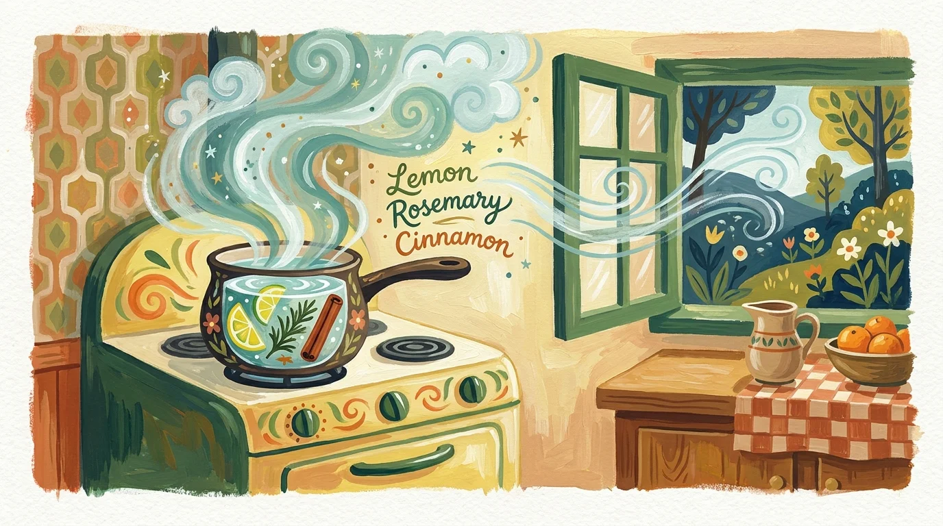 Gouache illustration of a simmer pot with lemon, rosemary, and cinnamon, with aromatic steam rising.