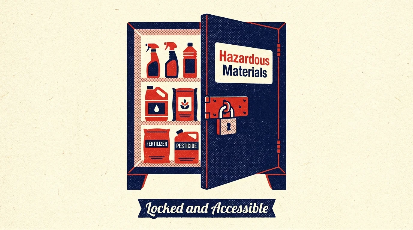 Graphic illustration of a locked storage cabinet for hazardous garden chemicals, labeled clearly.
