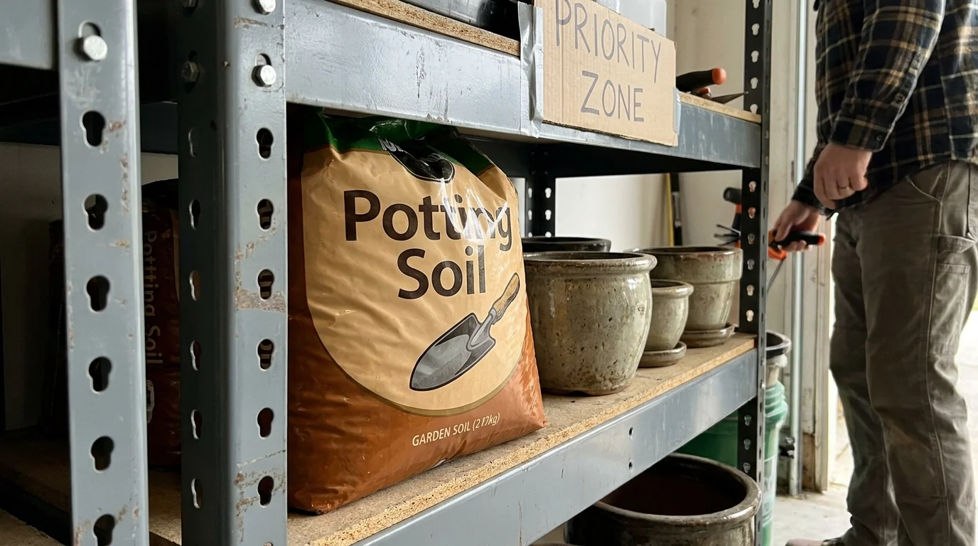 Heavy bags of potting soil stored on a waist-high steel shelf to prevent bending and strain.