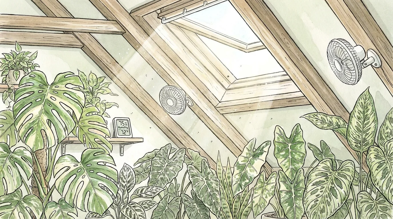 Illustration of a bright attic room with sloped ceilings filled with rare tropical plants and climate control monitors.
