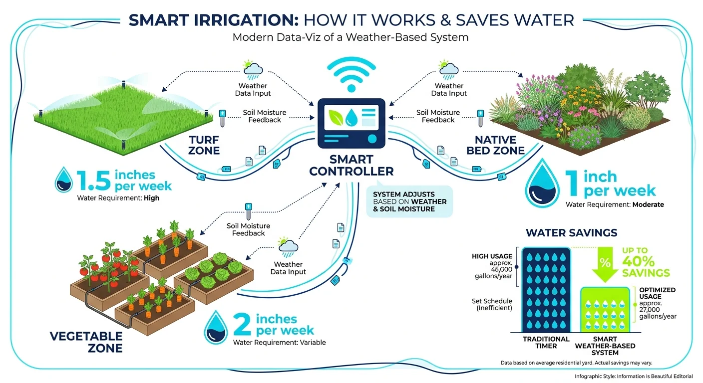 Infographic showing a smart irrigation controller connected to different garden zones with water usage labels.