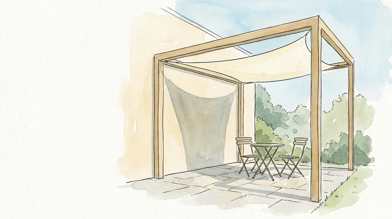 Ink and watercolor illustration of a modern pergola with a shade sail casting dappled shadows on a patio.