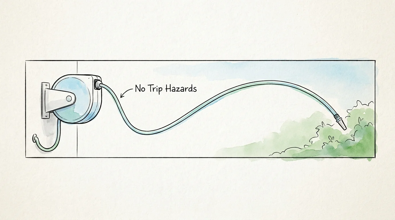 Ink and watercolor illustration of a wall-mounted hose reel with a clean path, labeled 'No Trip Hazards'.