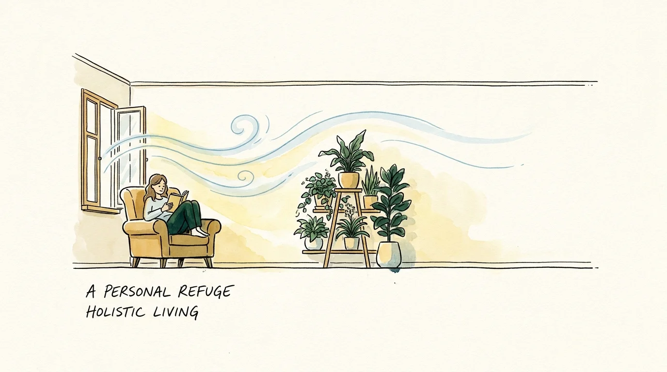 Ink and watercolor sketch of a peaceful reading nook with sunlight and air circulation flowing through plants.