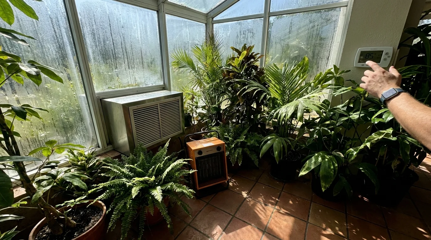 Interior of a glass sunroom filled with plants, featuring a thermostat and heater to show energy inefficiency.