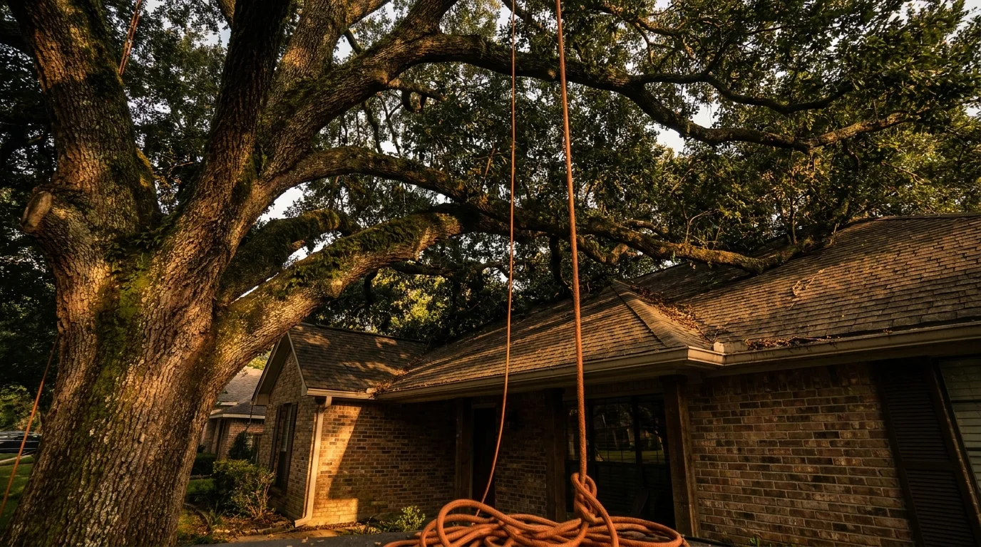 Low-angle photo of a massive tree overhanging a house, showing the extreme weight and risk to the structure.