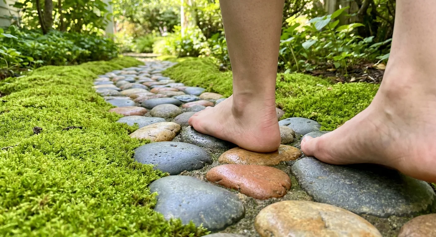 Low-angle photo of bare feet walking on a path made of smooth river stones and green moss.