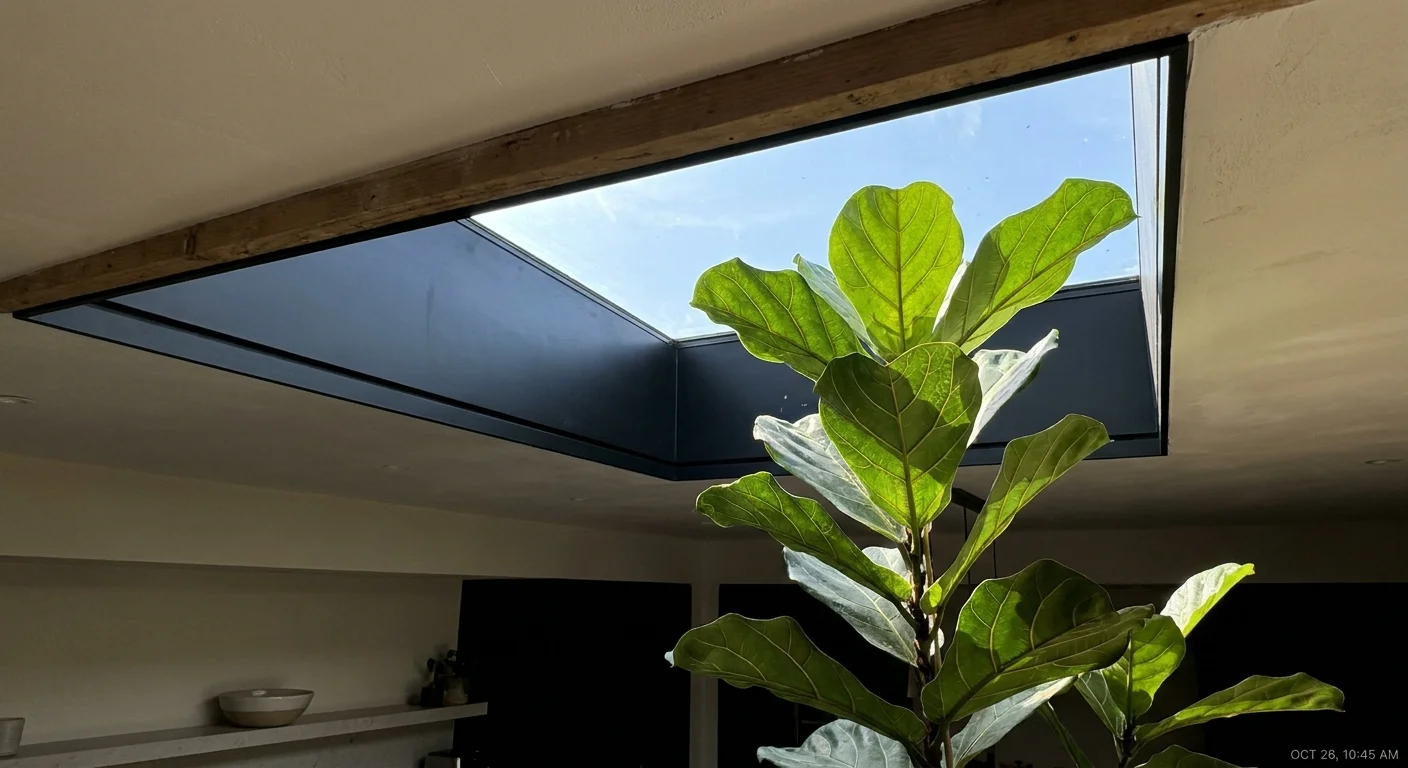 Low angle view of a Fiddle Leaf Fig plant growing toward a large rectangular skylight in a bright room.