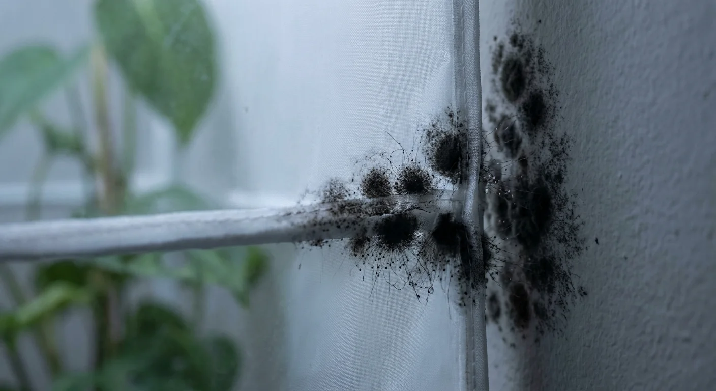 Macro photograph of black mold growing on the corner of a white indoor plant humidity tent.