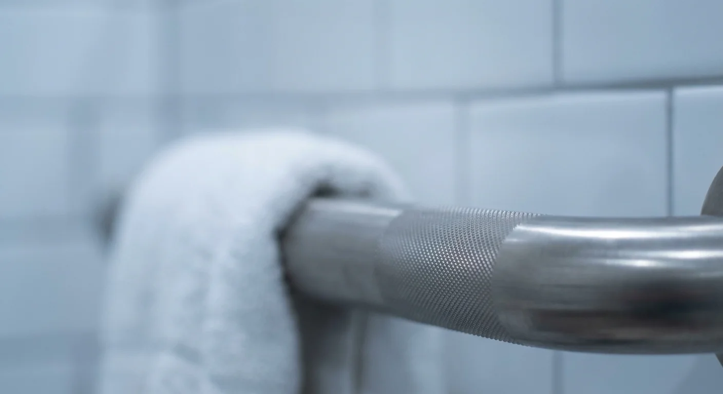 Macro shot of a high-quality brushed nickel grab bar with a textured grip, emphasizing luxury and safety.