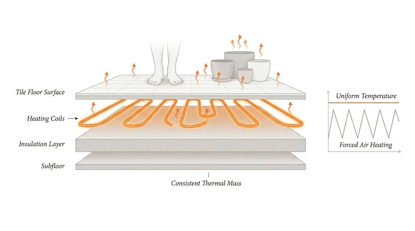 Minimalist diagram showing heating coils under a tile floor radiating warmth upward to feet and plants.