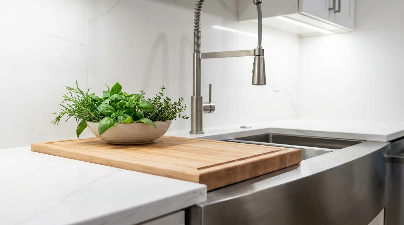 Side view of a deep kitchen counter and workstation sink with a cutting board and fresh herbs.