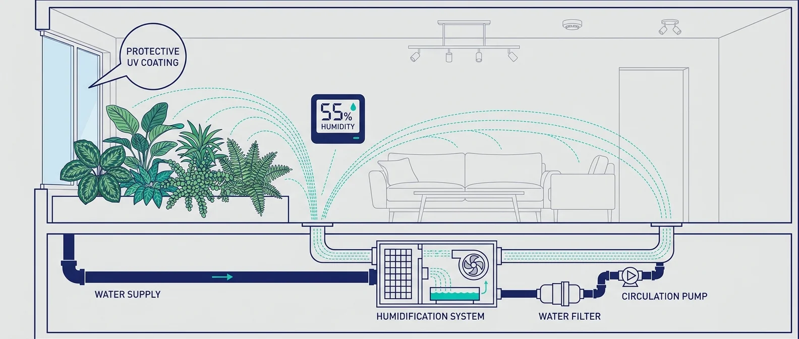 Technical diagram of a home humidification system showing water lines and moisture distribution to indoor plants.