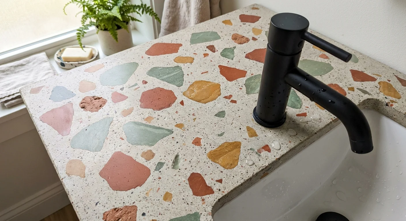Top-down view of a terrazzo countertop featuring colorful stone chips of terracotta and sage green.