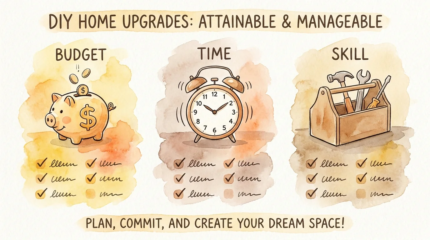 Watercolor icons representing budget, time, and skill levels for home safety projects.