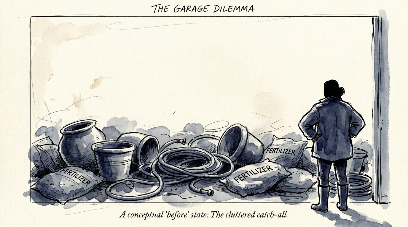 Watercolor illustration of a cluttered garage floor with tangled hoses and heavy pots creating a sense of physical obstacle.
