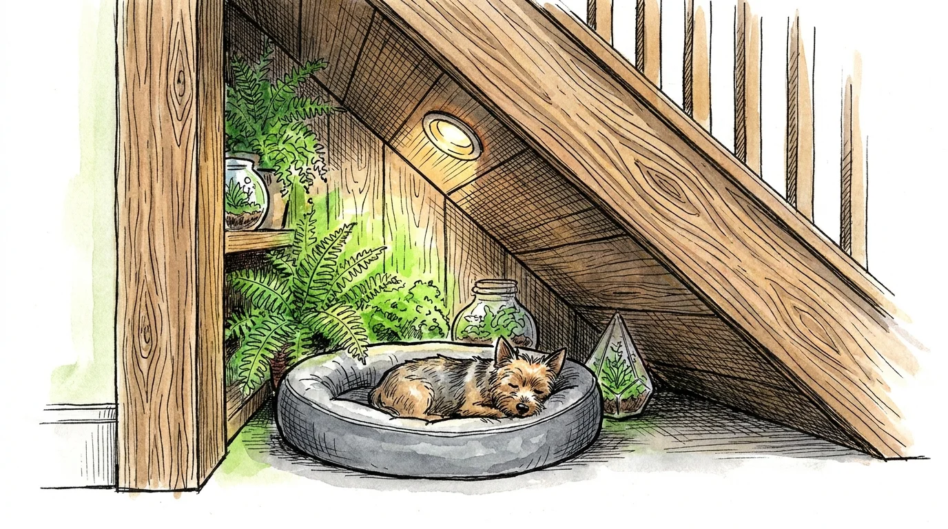 Watercolor illustration of a dog sleeping in a cozy bed tucked under a staircase, surrounded by ferns and small plants.