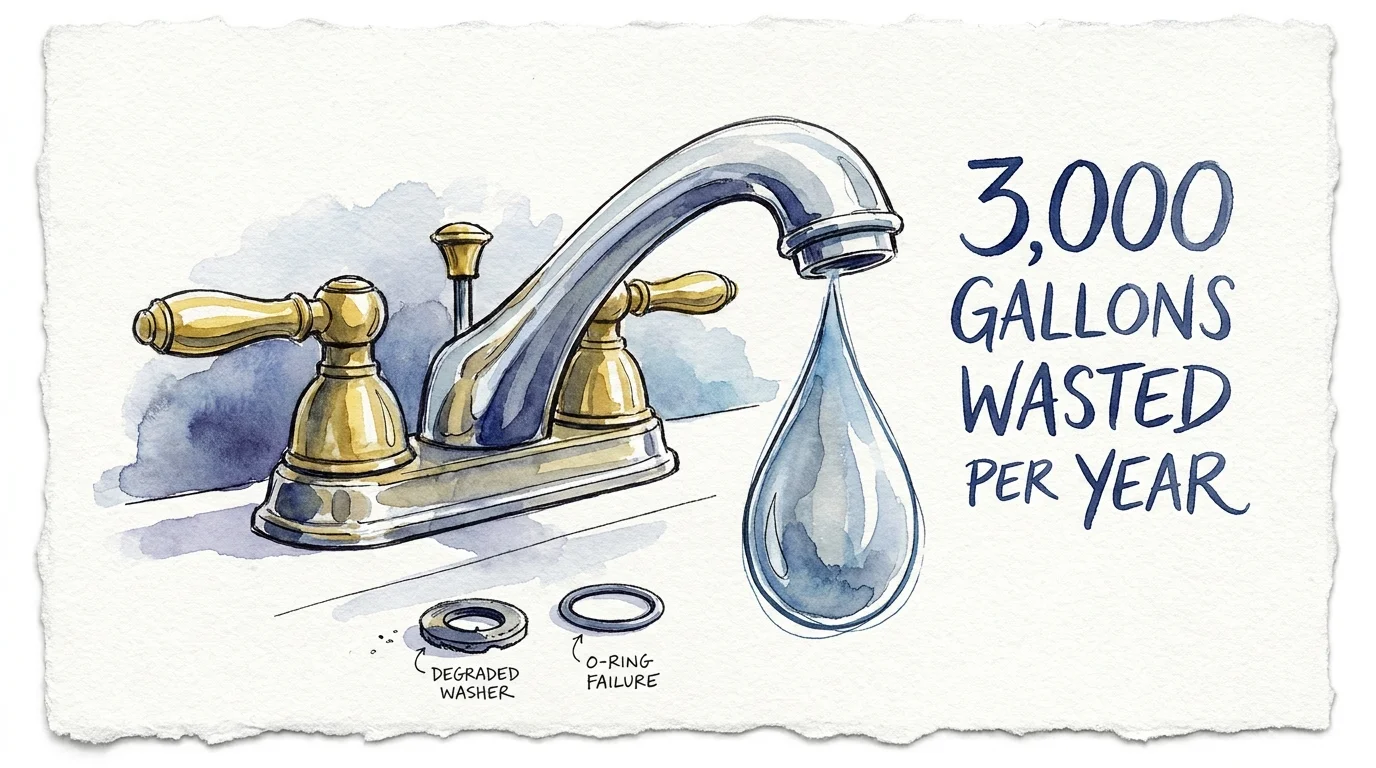 Watercolor illustration of a dripping faucet with text noting 3,000 gallons of water are wasted annually from a single drip.