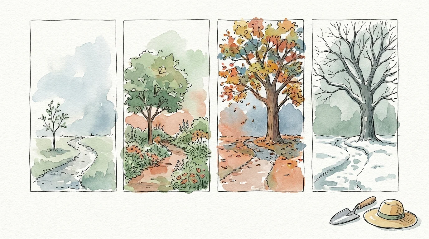 Watercolor illustration of a garden path evolving through different stages of growth and seasonal change.
