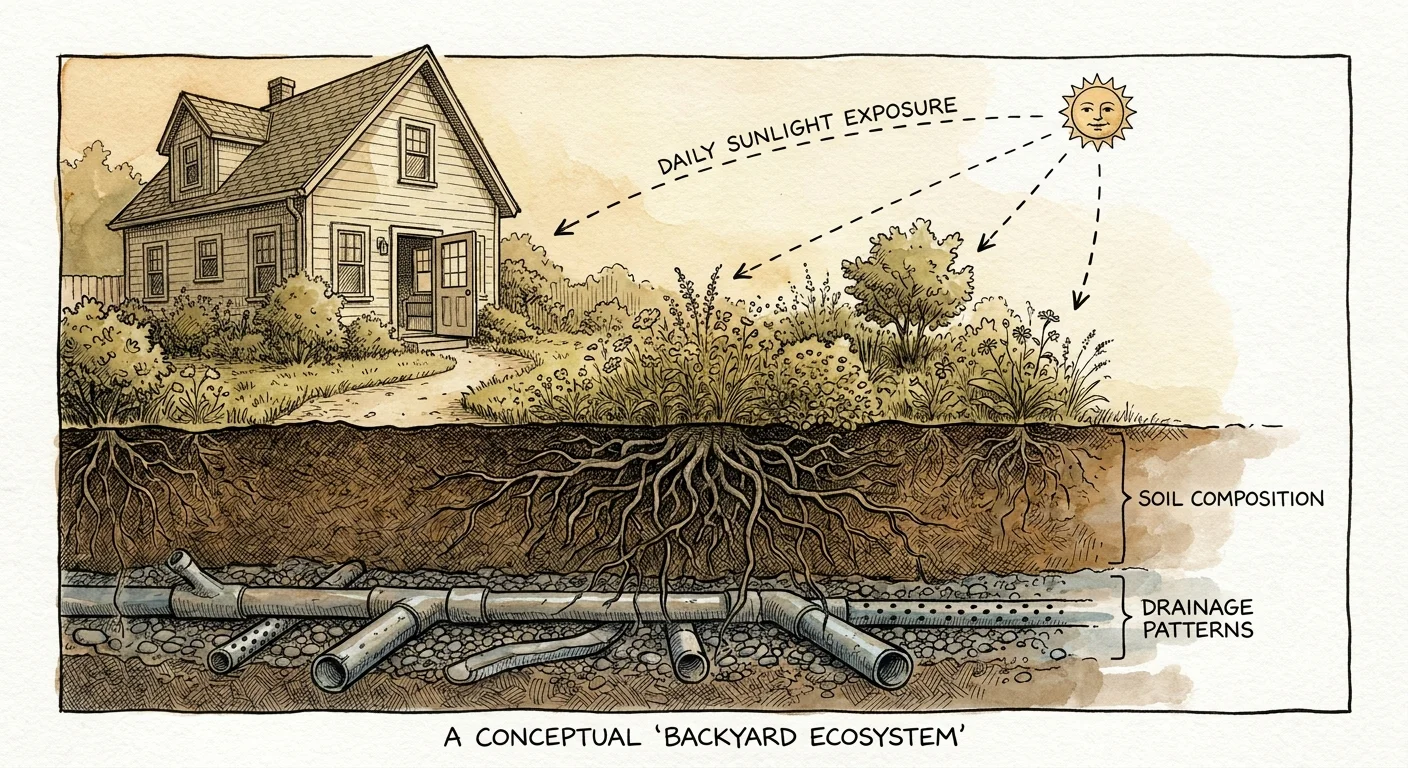 Watercolor illustration of a house and backyard cross-section showing soil health, root systems, and sunlight patterns.