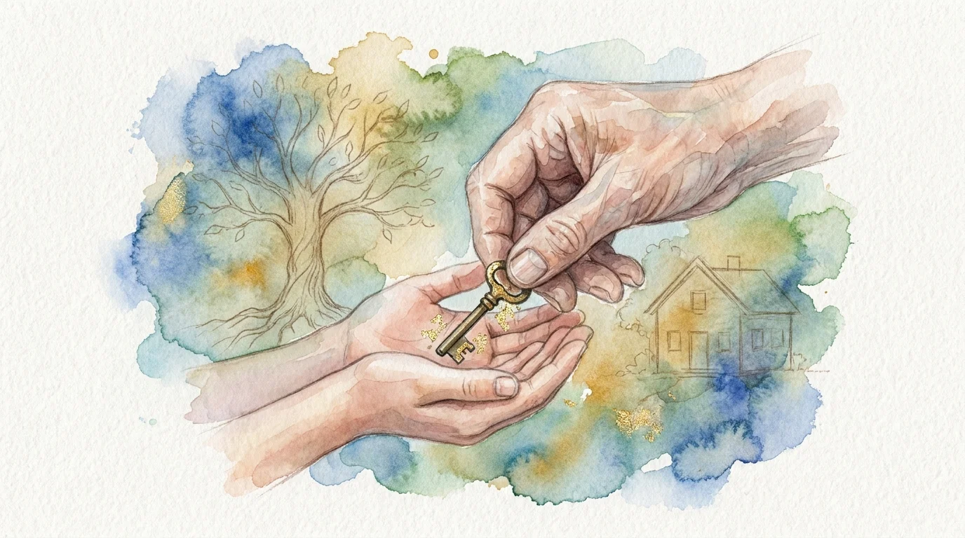Watercolor illustration of an older hand passing a key to a younger hand amidst soft, swirling colors.
