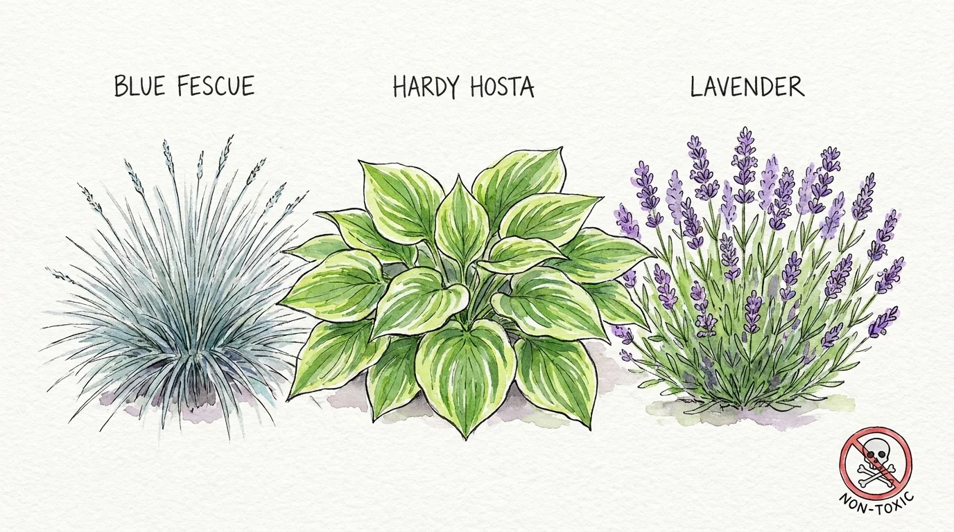 Watercolor illustration of low-maintenance, non-toxic plants like lavender and hostas.