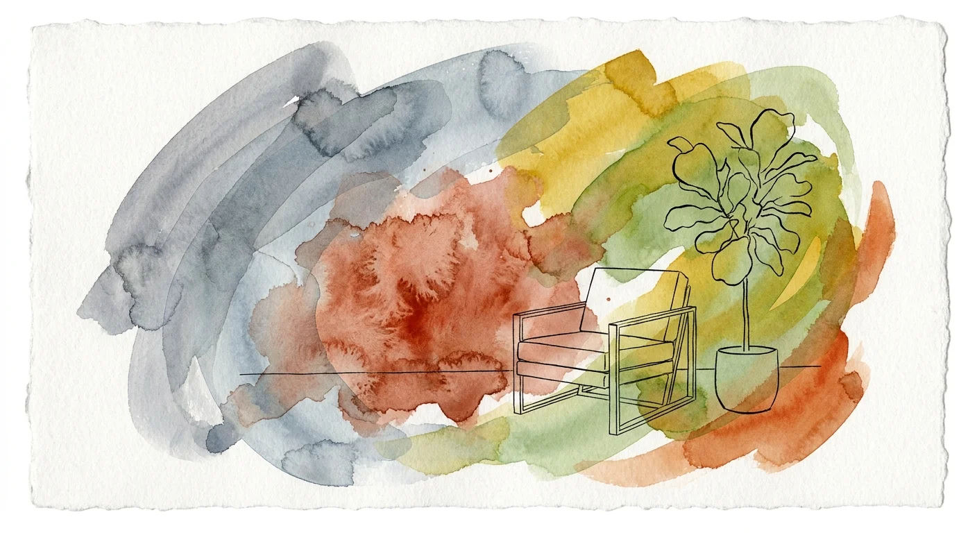 Watercolor illustration showing overlapping washes of mustard, avocado, and terracotta colors on textured paper.