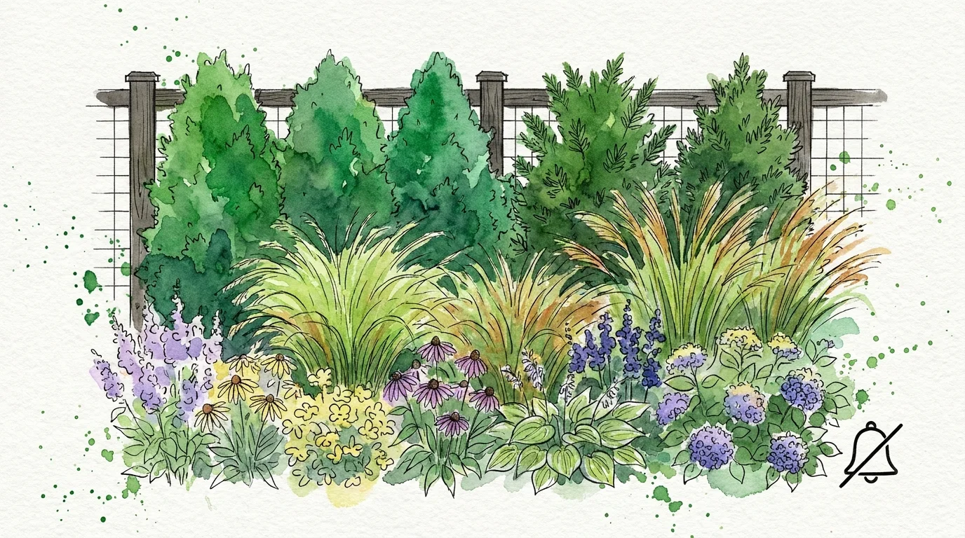 Watercolor sketch of a dense, multi-layered hedge of evergreens and grasses providing privacy.