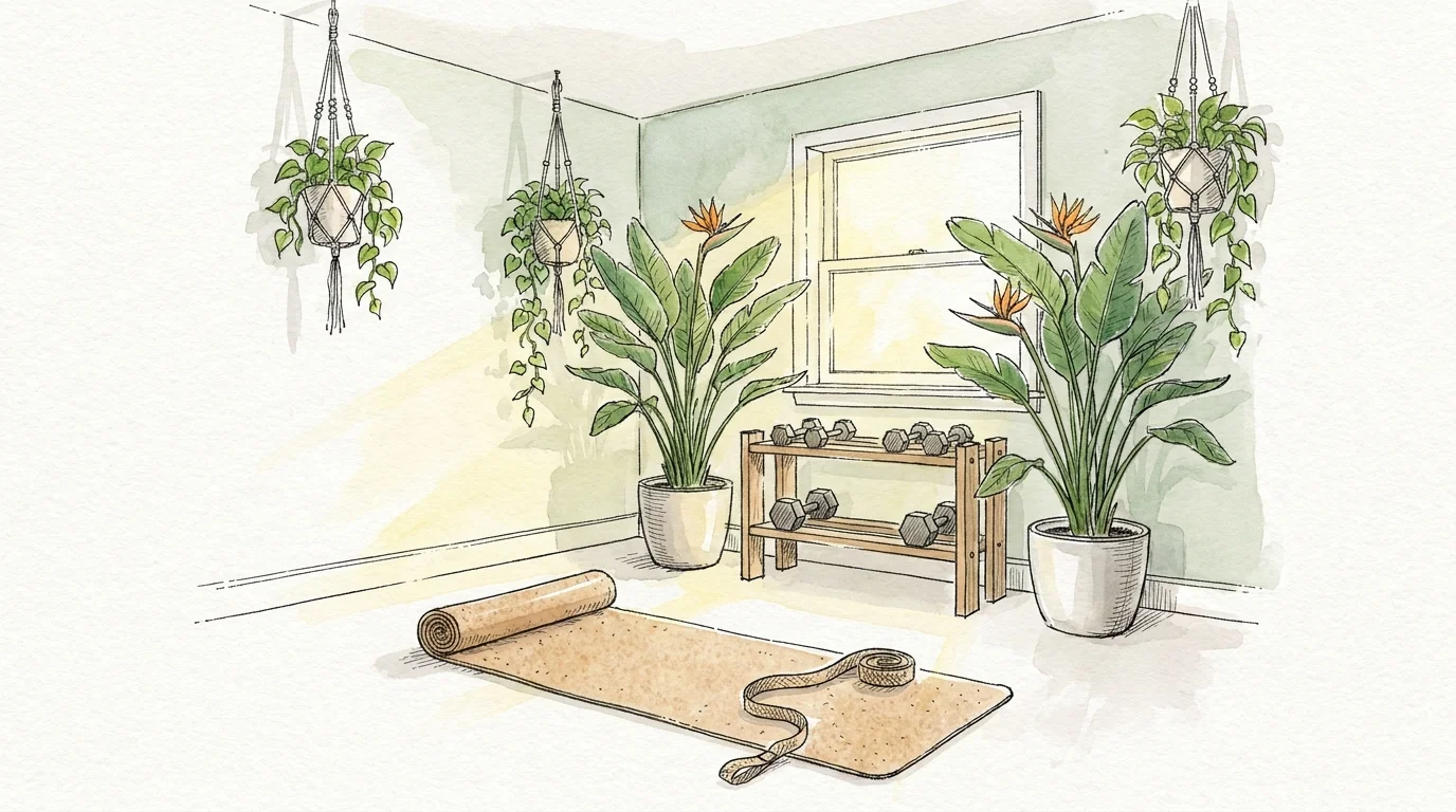 Watercolor sketch of a home gym with a yoga mat, wooden equipment, and lush tropical plants hanging from the ceiling.